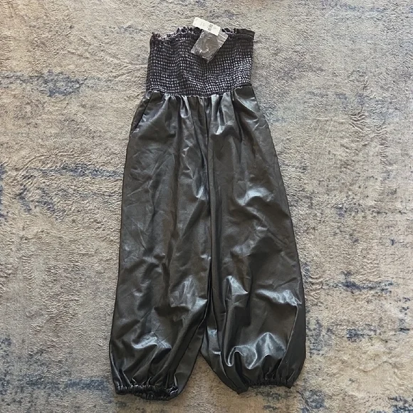 Anthropologie Strapless Smocked Faux-Leather Jumpsuit in Black - Picture 2 of 3